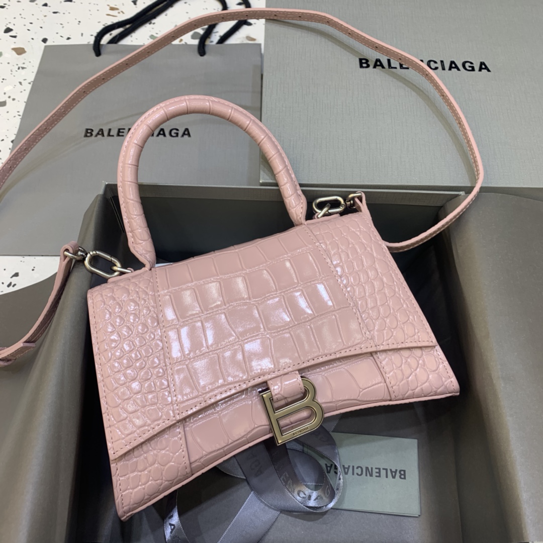 Balenciaga Hourglass Small Handbag Crocodile Embossed Shoulder Bag Pink